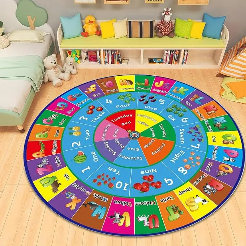 ABC Fruit PlayMat Round Alphabet Rug for Kid Playroom Preschool Classroom Floor Mat with ABC Numbers Animals Educational Design