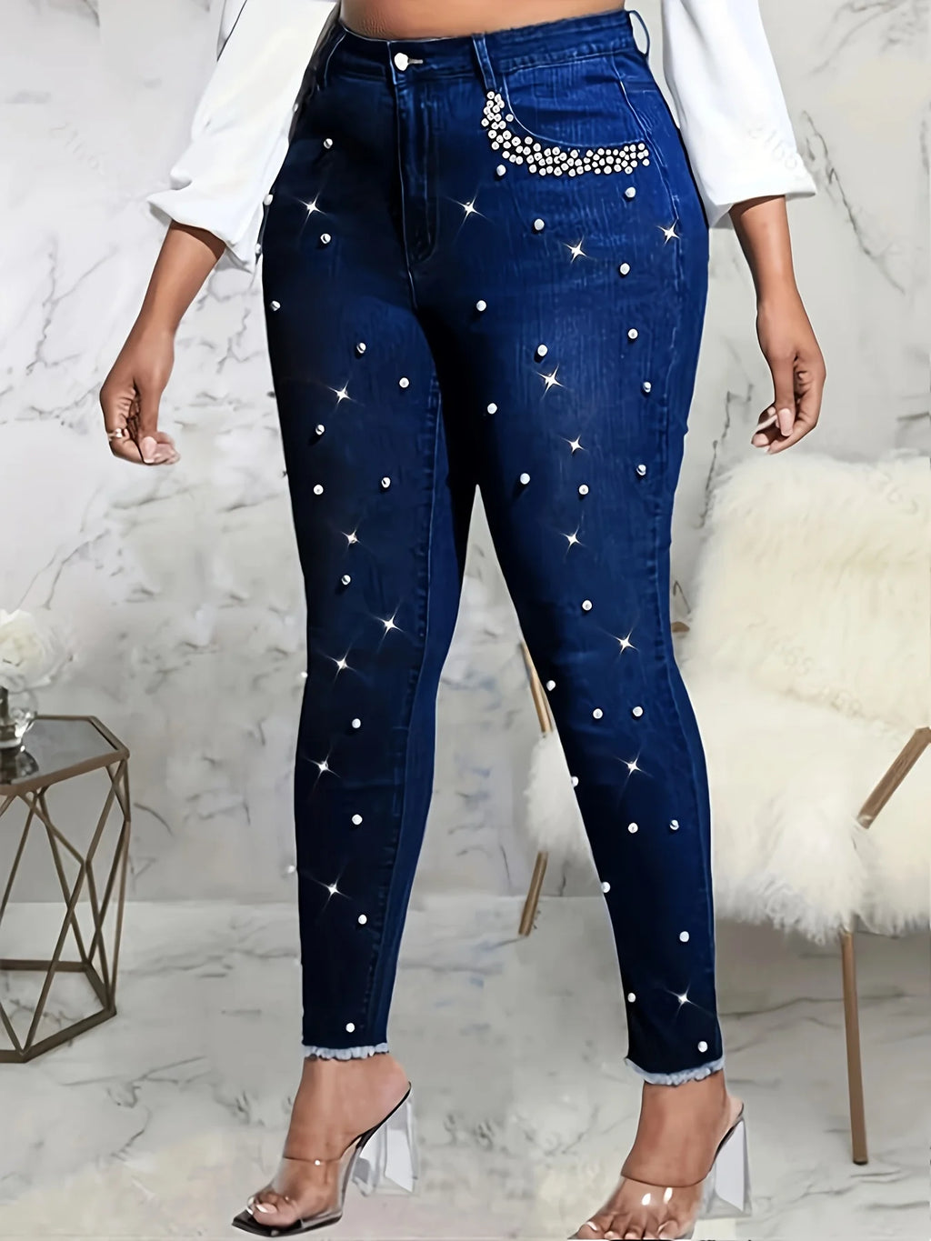 Women's fashionable casual wash blue pearl rhinestone inlaid with high waist stretchy slim buttocks tight nine-point jeans