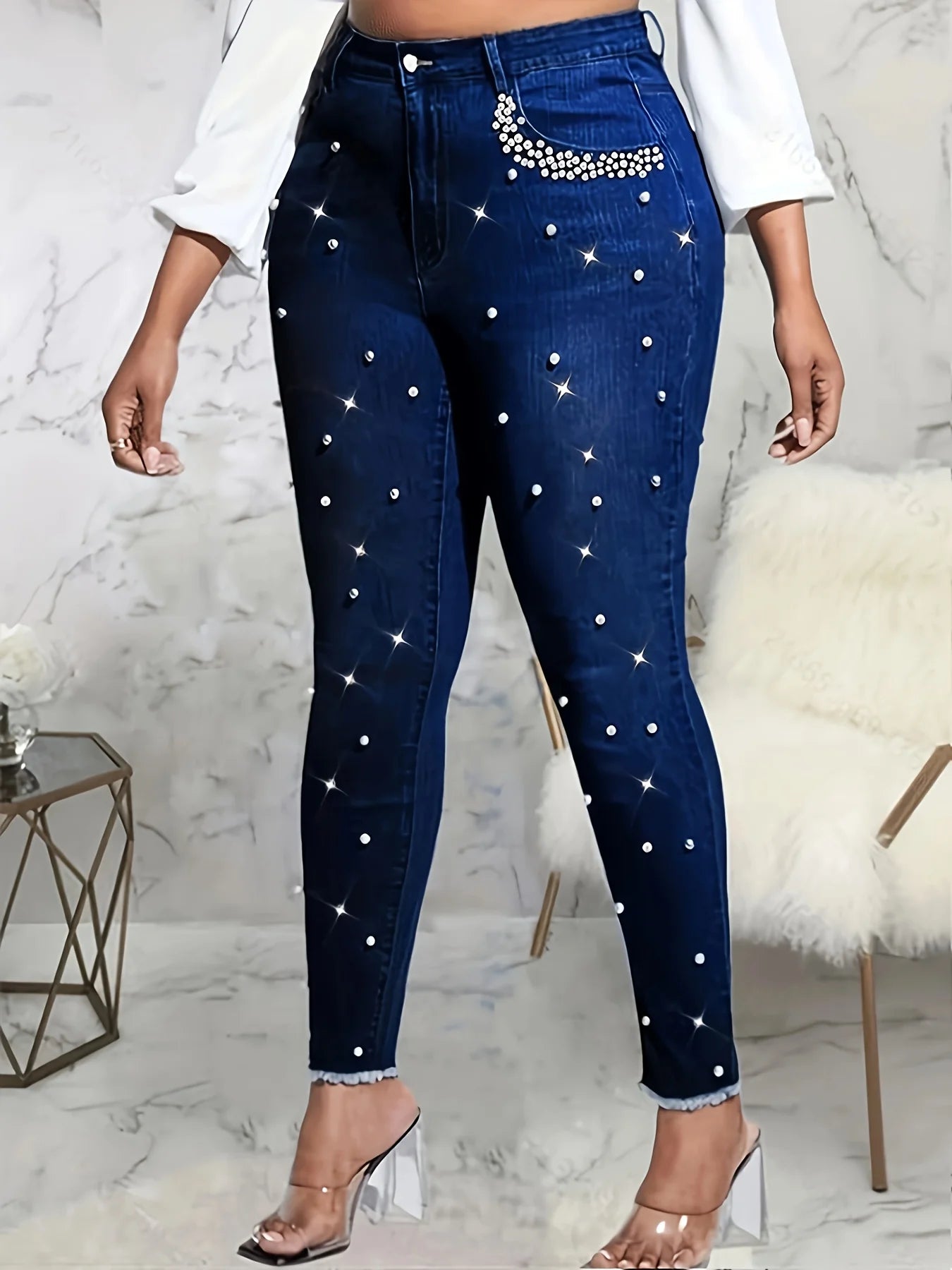 Women's fashionable casual wash blue pearl rhinestone inlaid with high waist stretchy slim buttocks tight nine-point jeans