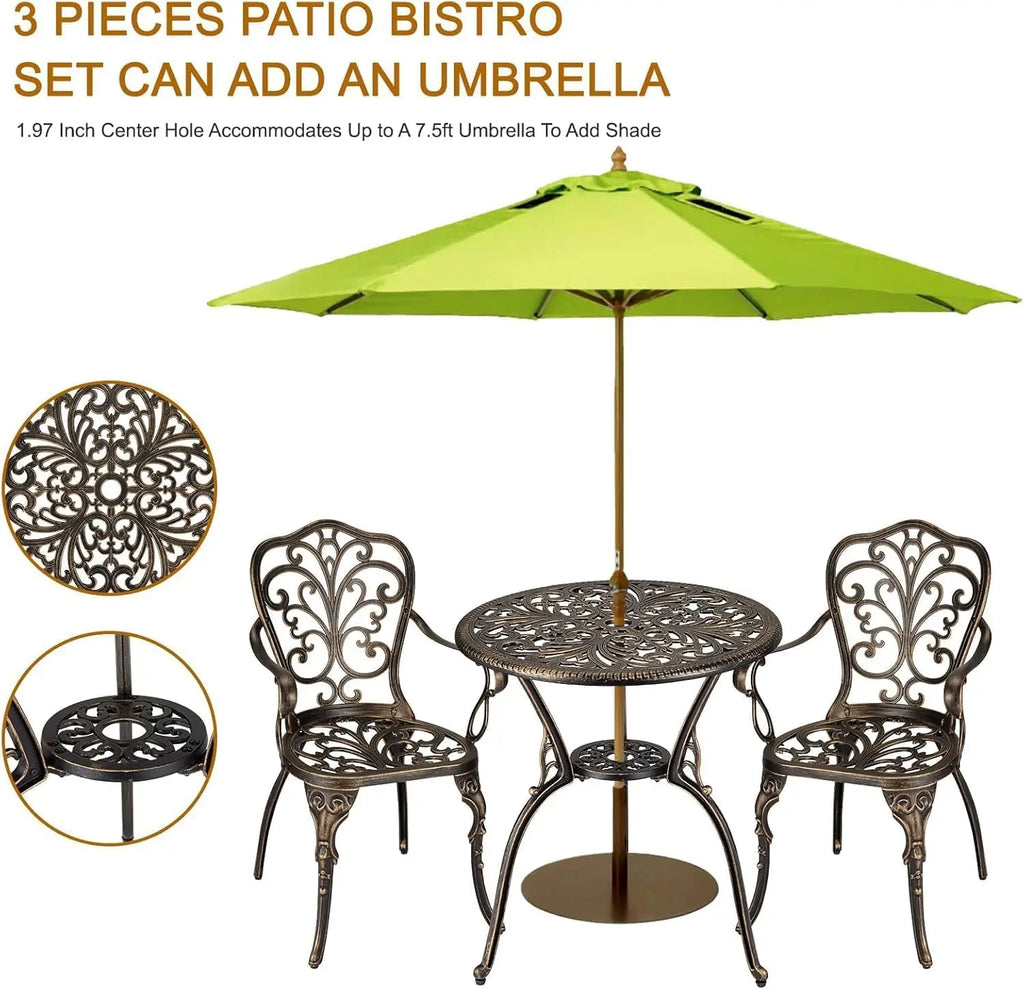 3-Piece Outdoor Bistro Set with Umbrella Hole, Rust-Resistant Table and Chairs for Backyard Porch