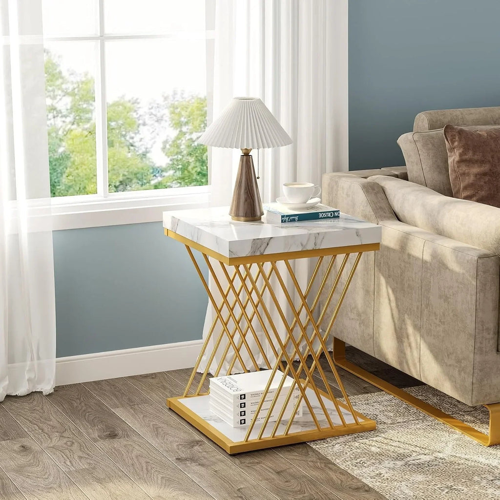 Square End Table White Gold 2-Tier Side Table Modern Small Bedside Table with Storage for Couch
