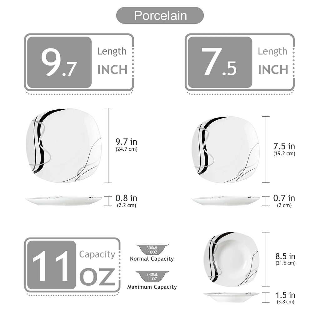VEWEET FIONA 18-Piece Porcelain Ceramic Black Line Kitchen Tableware Dishes Plate Set