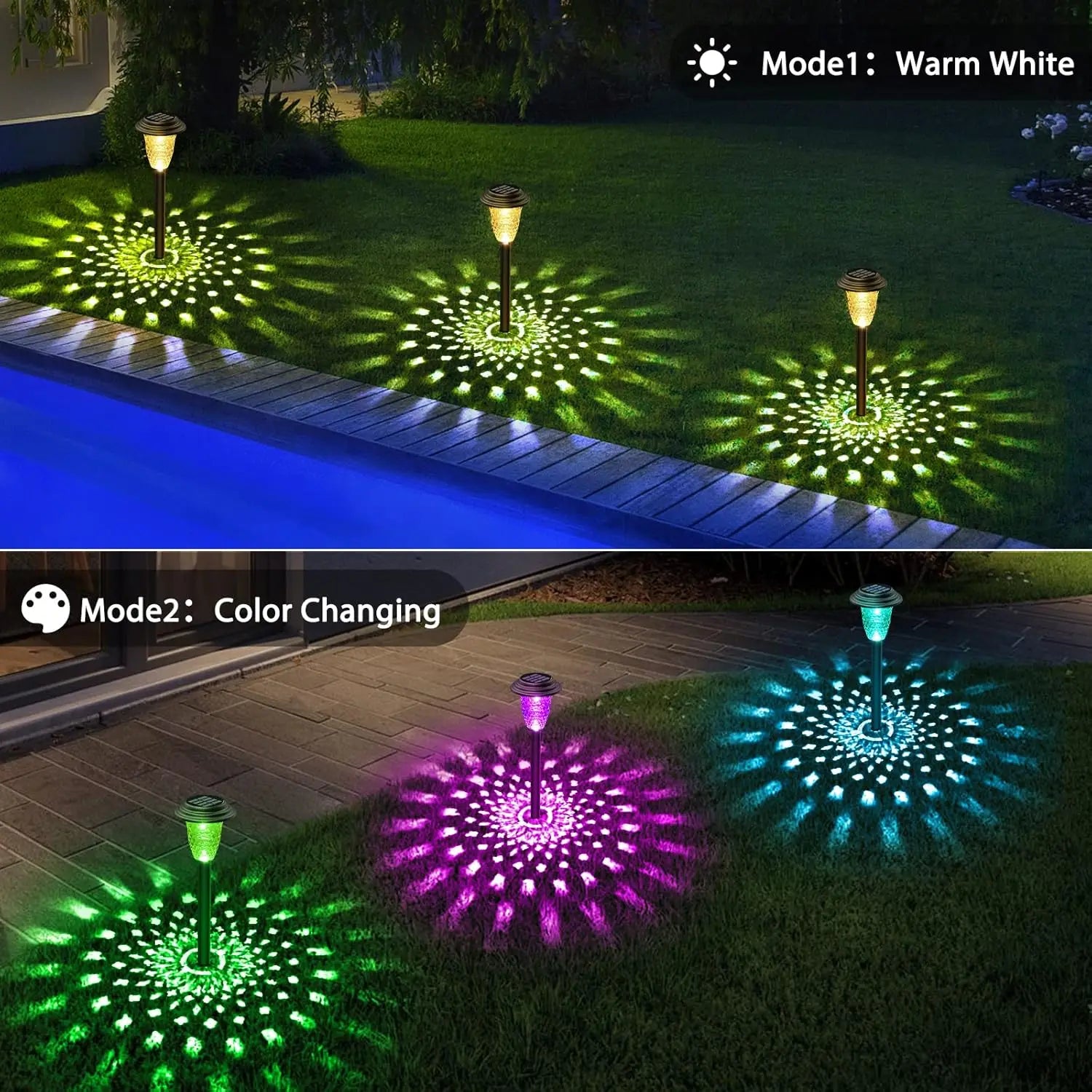 10Pack Solar Lights, RGB/Warm White Color Changing, Outdoor Garden/Backyard/Lawn