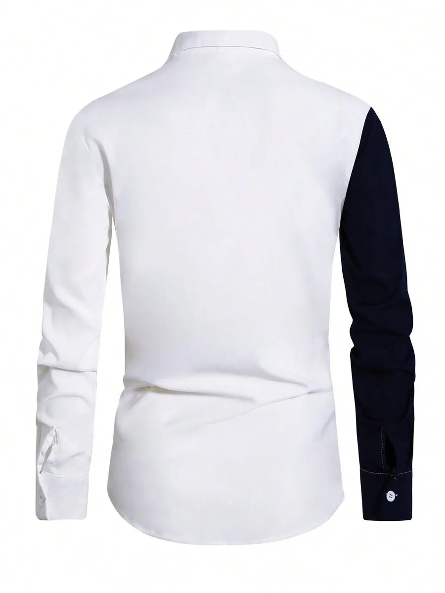 Men's Casual Color Block Button-Down Long Sleeve Shirt with Script Print,