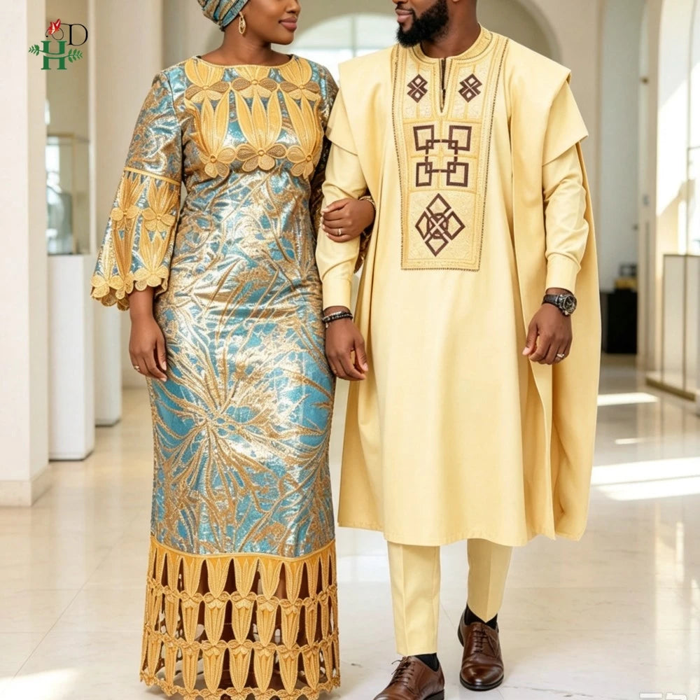 African Couples Traditional  Embroidery Dresses  African Clothing For Man Agbada Sets Wedding Party women Suits