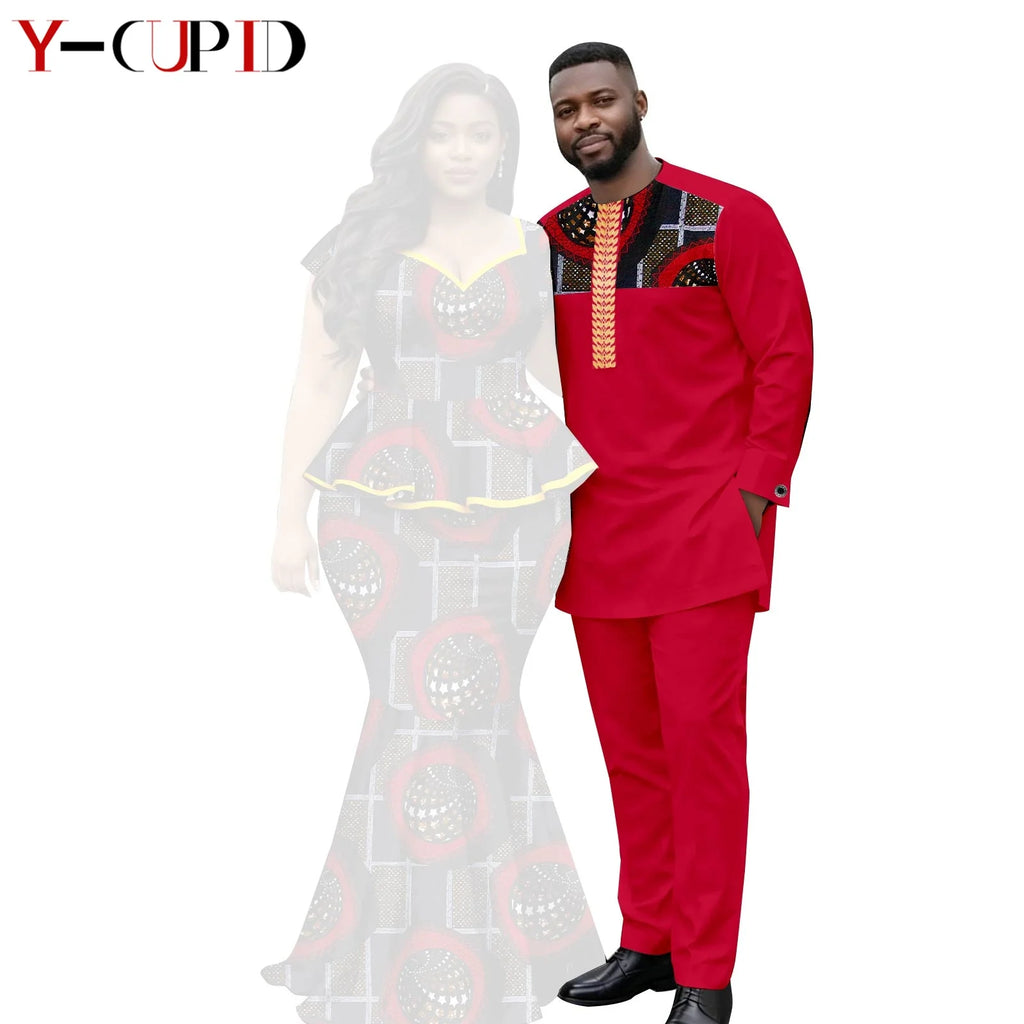 African  Women Print Top and Mermaid Skirts Sets Matching Men Outfits Top Shirt and Pant Sets