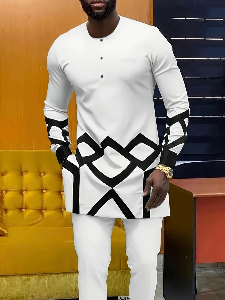 Men's Casual Long-Sleeved Two-Piece Set: Mid-Length Top and Trousers