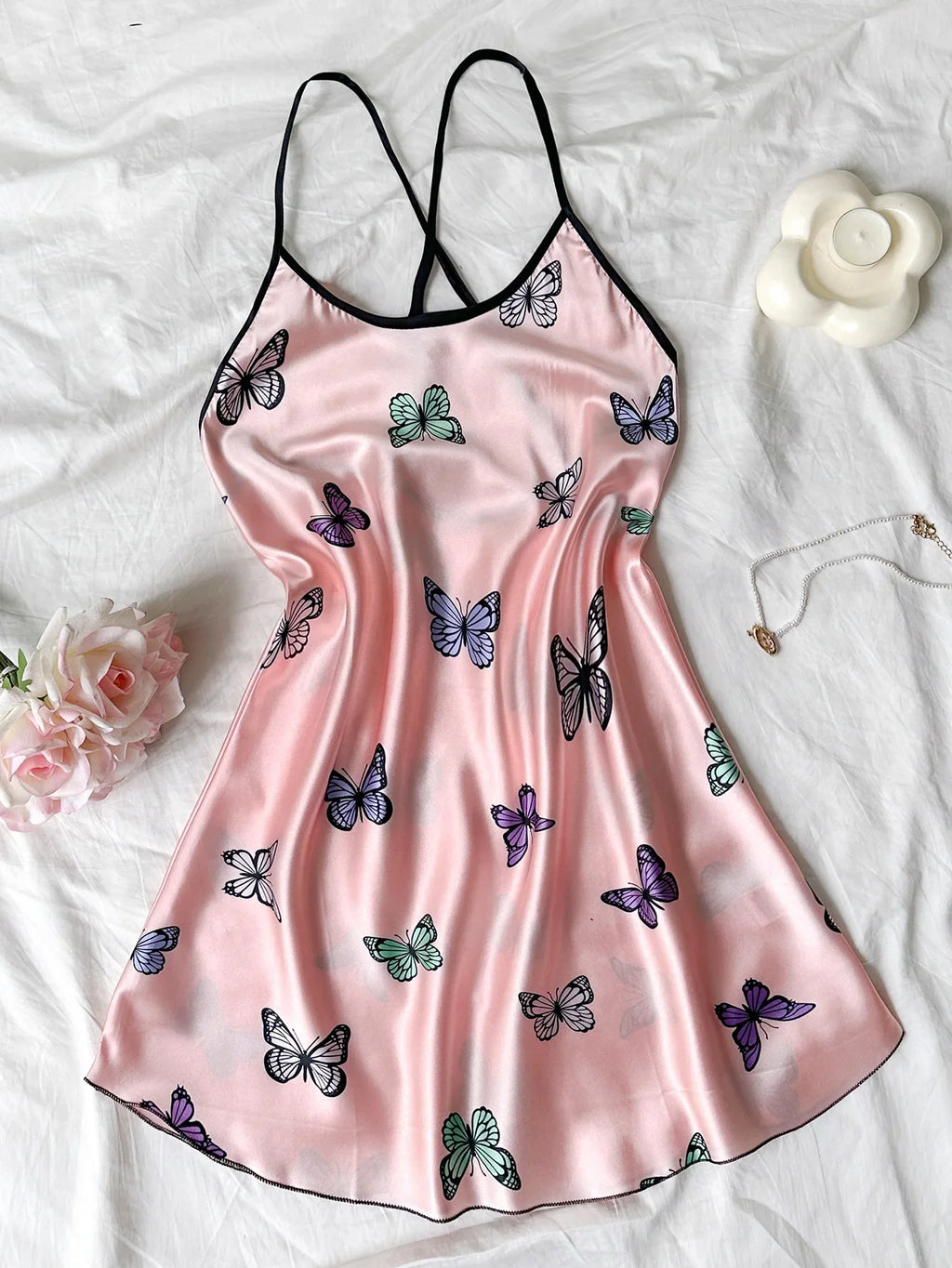 Silk Stain Butterfly  Nightdress for Women Sexy Nightgowns Backless Pajamas Casual Home wear Sleepshirts