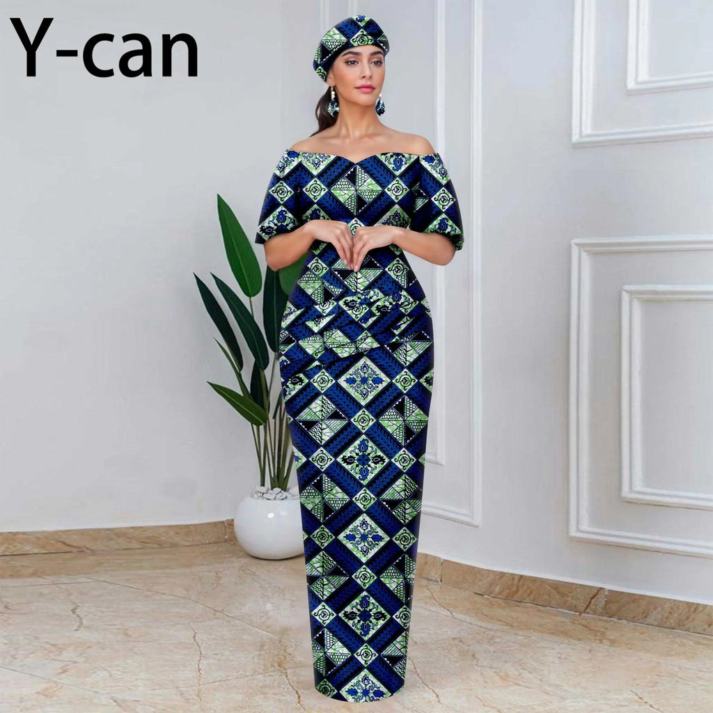 African Party Dresses for Women Off Shoulder Folds Women Maxi Dress with Headscarf and Earrings Traditional Wedding