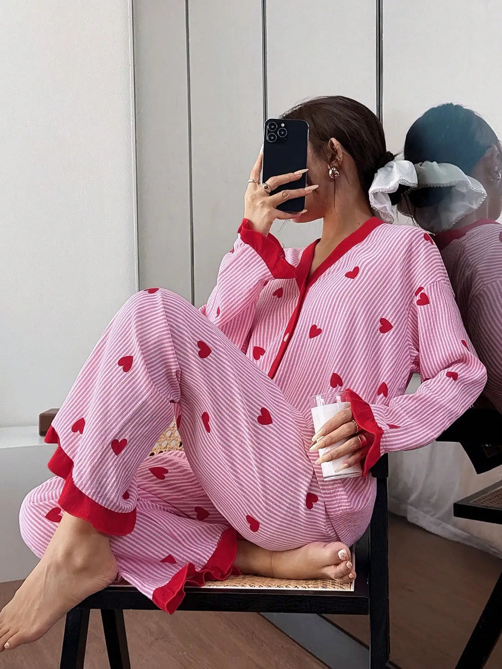 Women's Pink Striped Heart Print Pajama Set with Red Trim, Cozy Lounge Wear