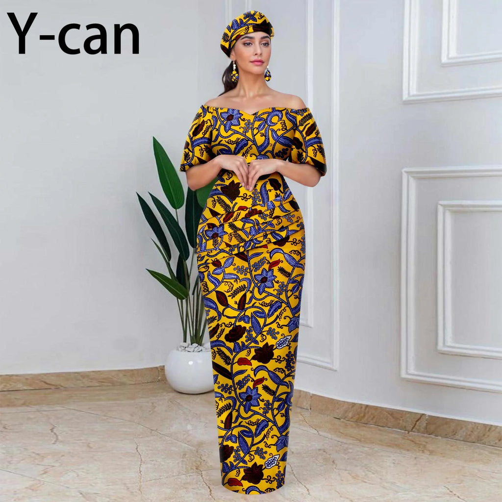 African Party Dresses for Women Off Shoulder Folds Women Maxi Dress with Headscarf and Earrings Traditional Wedding