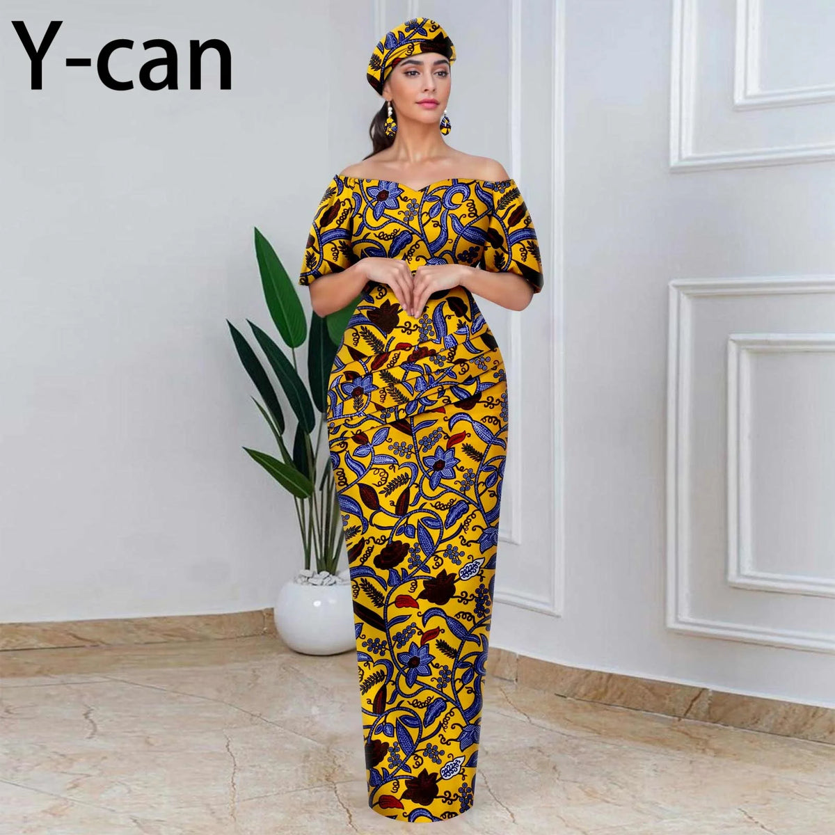African Party Dresses for Women Off Shoulder Folds Women Maxi Dress with Headscarf and Earrings Traditional Wedding