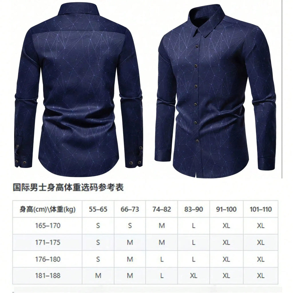 Men's Long Sleeve Dress Shirt with Geometric Pattern, Polyester, Golden Buttons