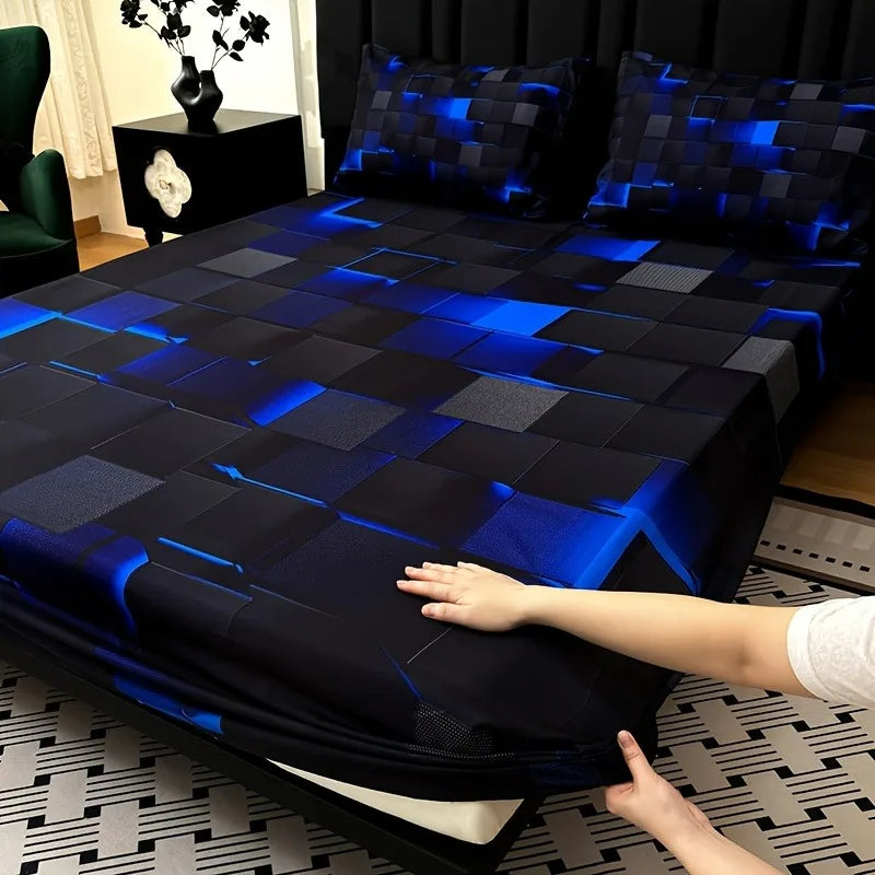 3pcs Cool Technology Digital Printing Material Plaid Fitted Sheet(1pc Bed Sheet+2pcs Pillowcase No Filling)