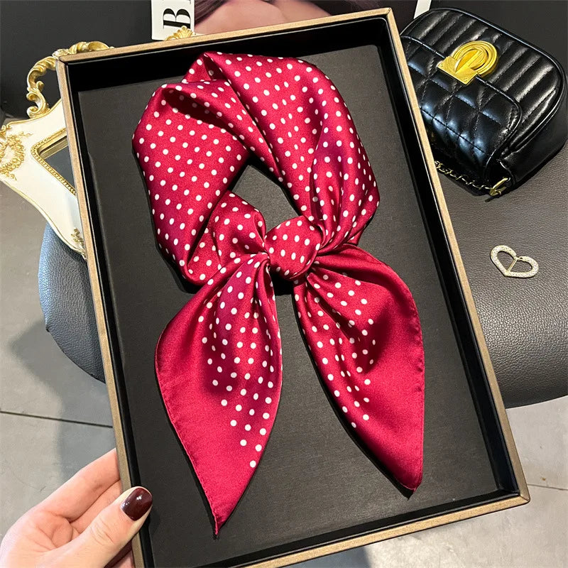 Luxury Polka Dot Print Square Scarf for Women Satin Wraps Neckerchief Female Hair Bands Ribbon Headband
