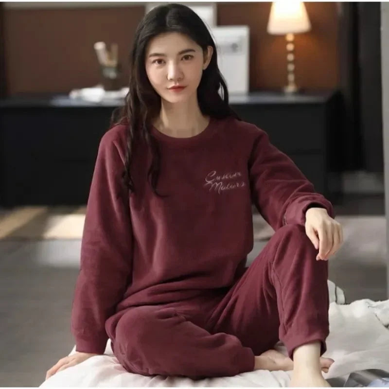 Warm Sleepwear for Winter thickened  Long Sleeve Ladies Loungewear Set pajamas