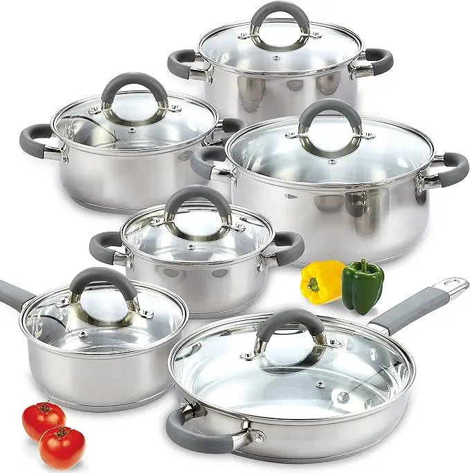 Kitchen Cookware Sets, 12-Piece Basic Stainless Steel Pots and Pans, Silver
