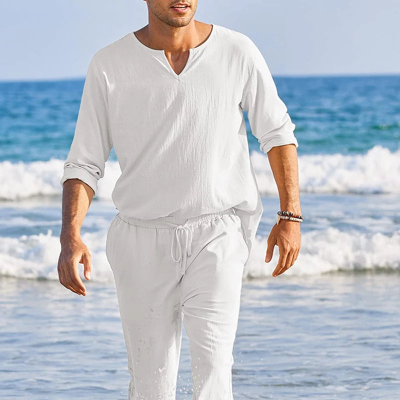 Men s Summer Cotton Linen   Long Sleeve Henley Shirt Elastic Waist Drawstring Pants 2 Pieces Loungewear Set