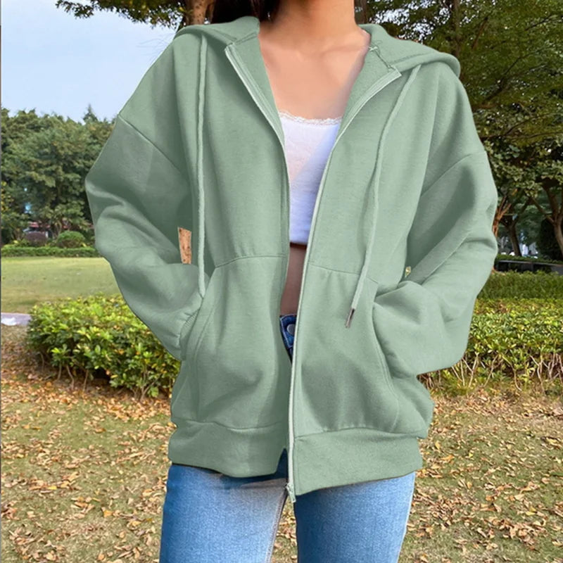 Fleece  Color Hooded  Fashion Sweatshirts Long Sleeve Top Drawstring Pockets Loose Zipper  Hoodies