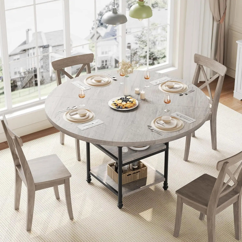 Round Dining Table for 6 with Storage Shelves  Metal Legs, For Kitchen, Dining