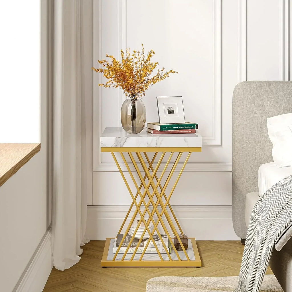 Square End Table White Gold 2-Tier Side Table Modern Small Bedside Table with Storage for Couch