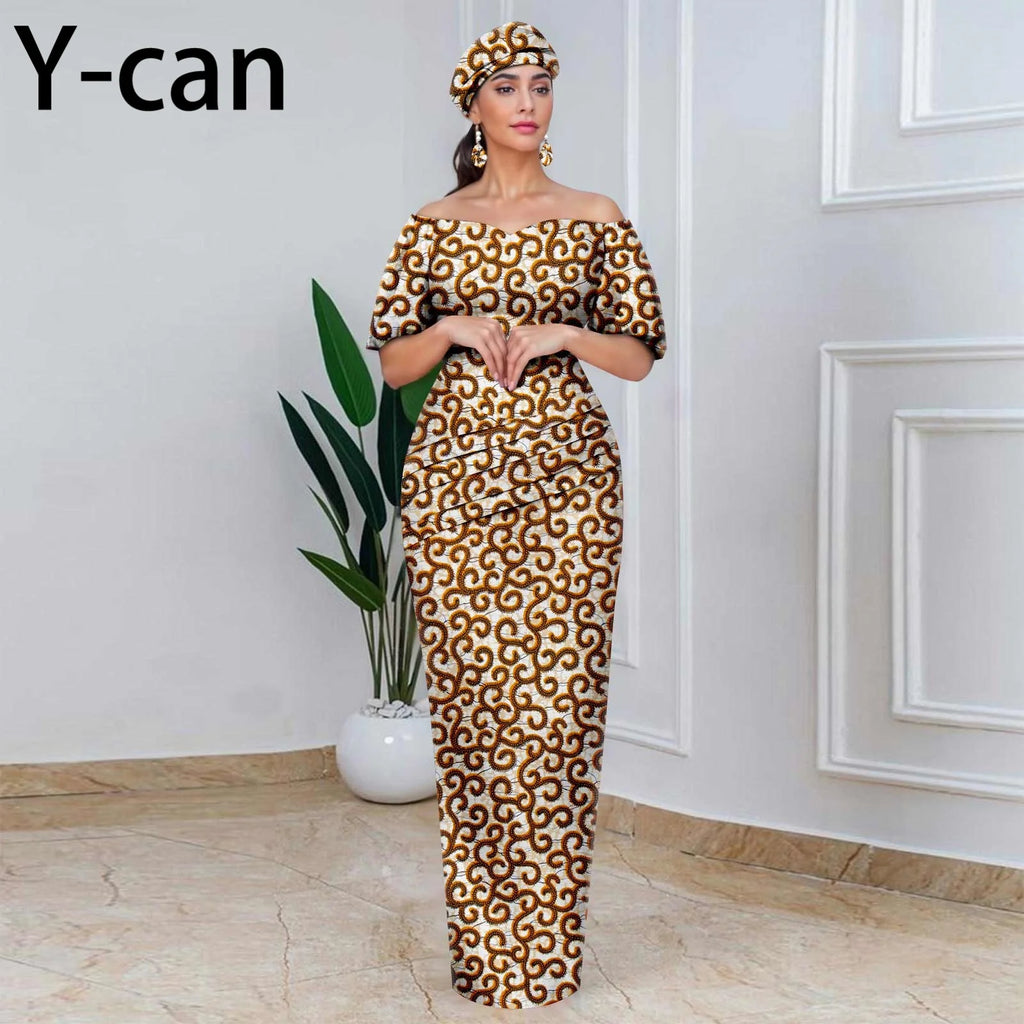African Party Dresses for Women Off Shoulder Folds Women Maxi Dress with Headscarf and Earrings Traditional Wedding