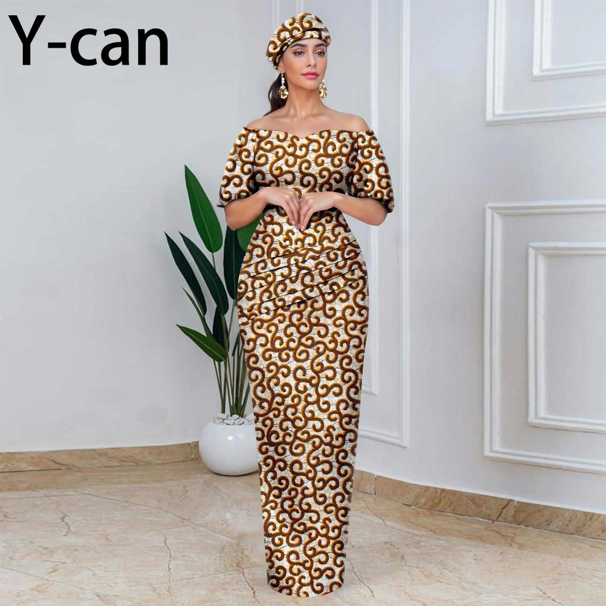 African Party Dresses for Women Off Shoulder Folds Women Maxi Dress with Headscarf and Earrings Traditional Wedding