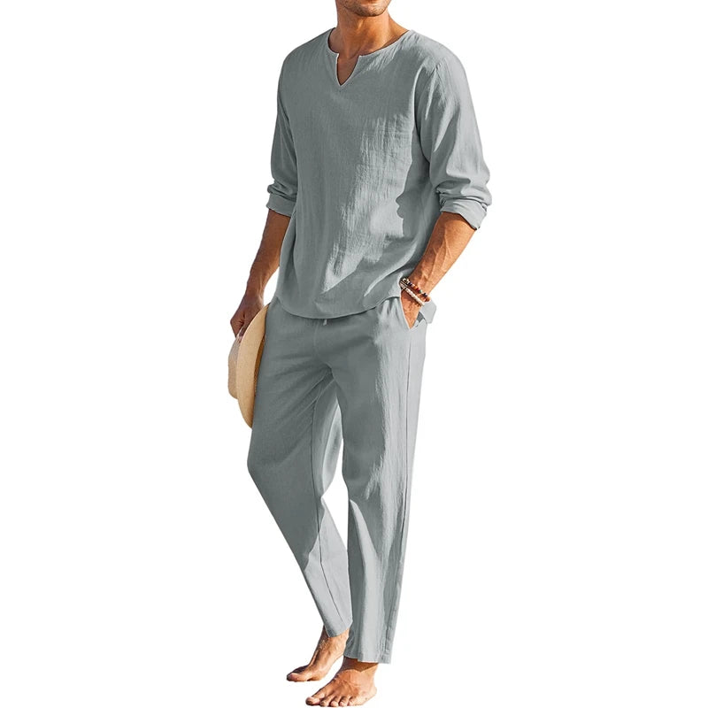 Men s Summer Cotton Linen   Long Sleeve Henley Shirt Elastic Waist Drawstring Pants 2 Pieces Loungewear Set