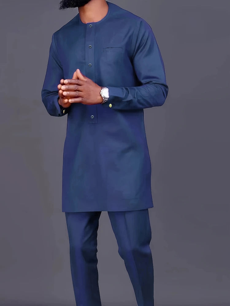 Men's Casual Long-Sleeved Two-Piece Set: Mid-Length Top and Trousers