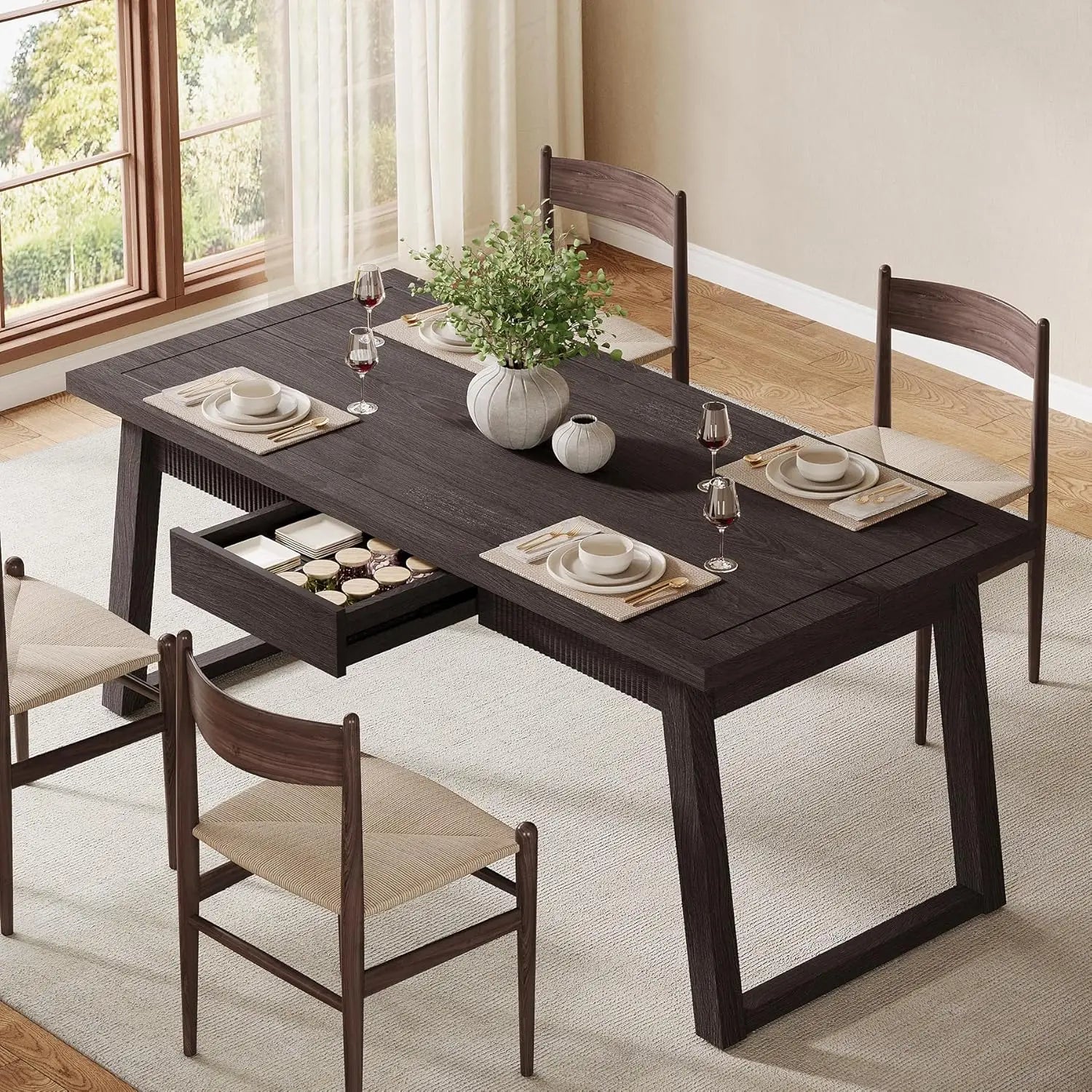 Dining Table with  Drawer, Rectangular  Dinner Kitchen Table  for 4-6 People