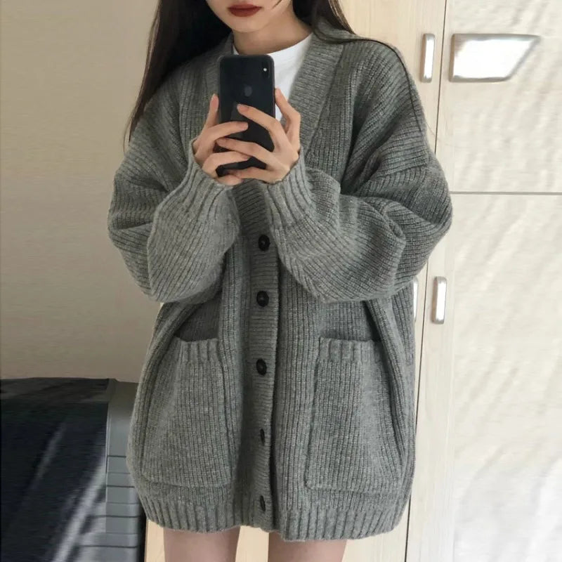 Female Long Sleeve V-neck Loose Knitted  Casual Sweater