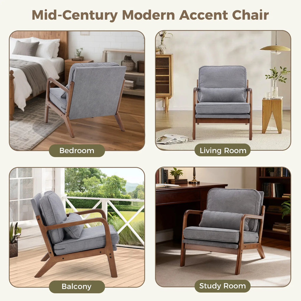 Modern Chair Solid Wooden Frame Accent Chair with Arms and Waist Cushion Reading Chairs