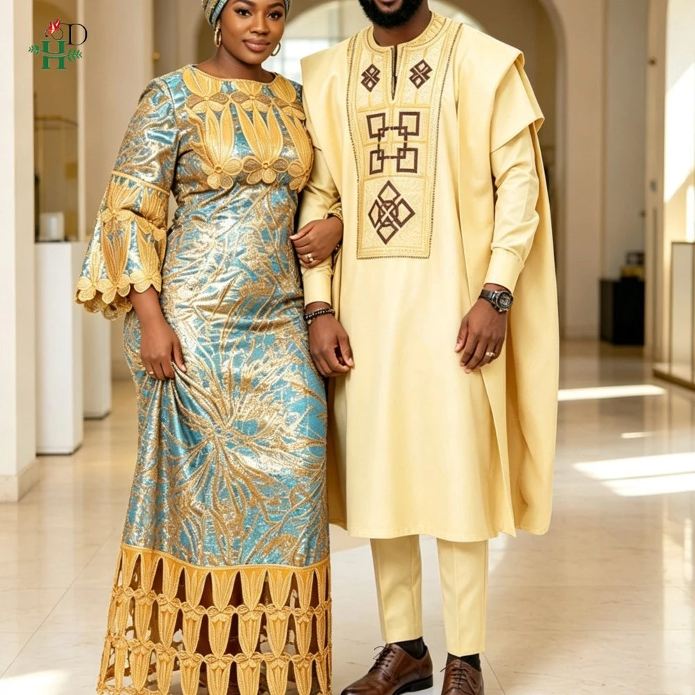 African Couples Traditional  Embroidery Dresses  African Clothing For Man Agbada Sets Wedding Party women Suits