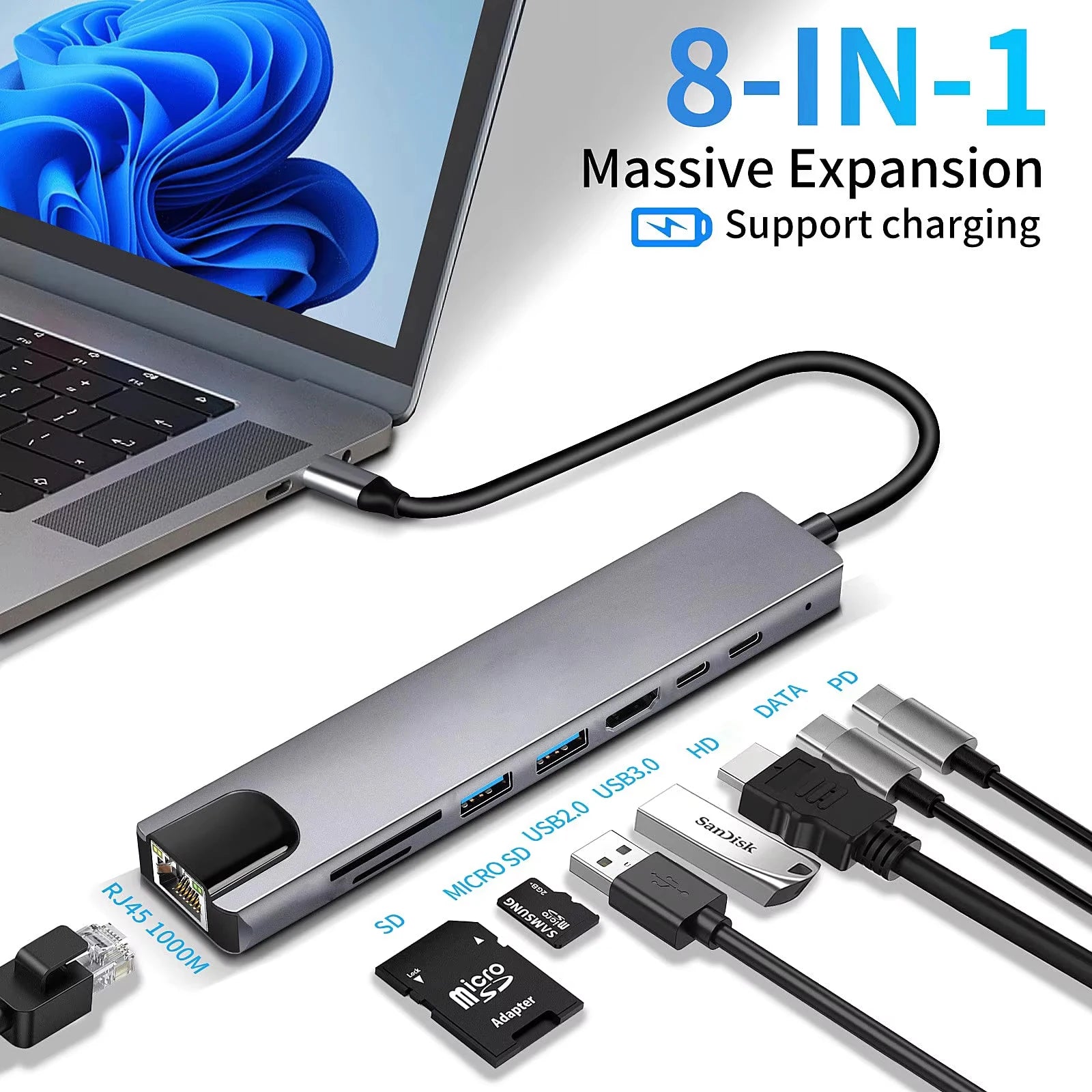 8 in 1 USB C Hub Type C to 4K HDTV Adapter with Card Reader Fast Charger for Laptop Computer