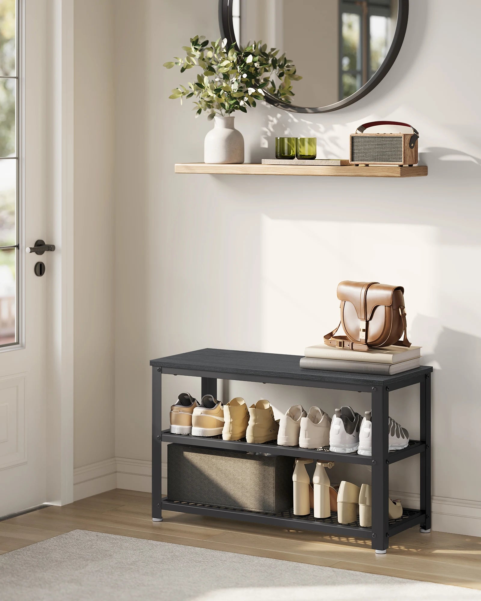 3-Tier Shoe Rack, Shelf Storage Bench with Metal Mesh Shelves and Seat, Free Standing Shoe Organizer