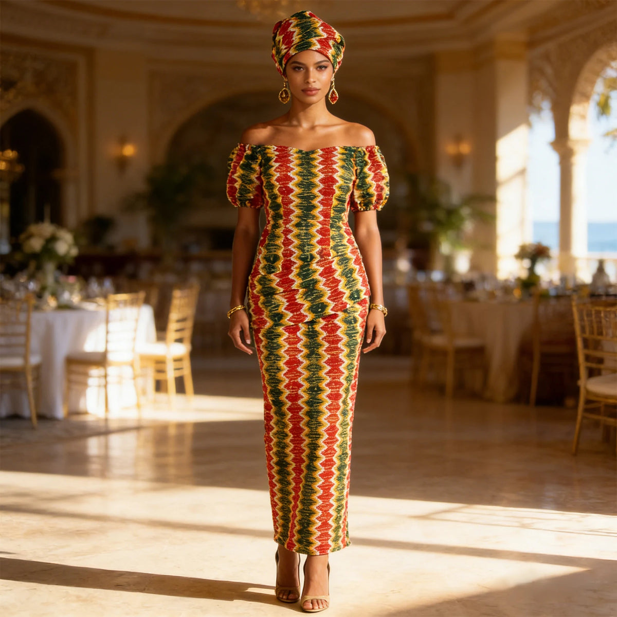 African Party Dresses for Women Off Shoulder Folds Women Maxi Dress with Headscarf and Earrings Traditional Wedding