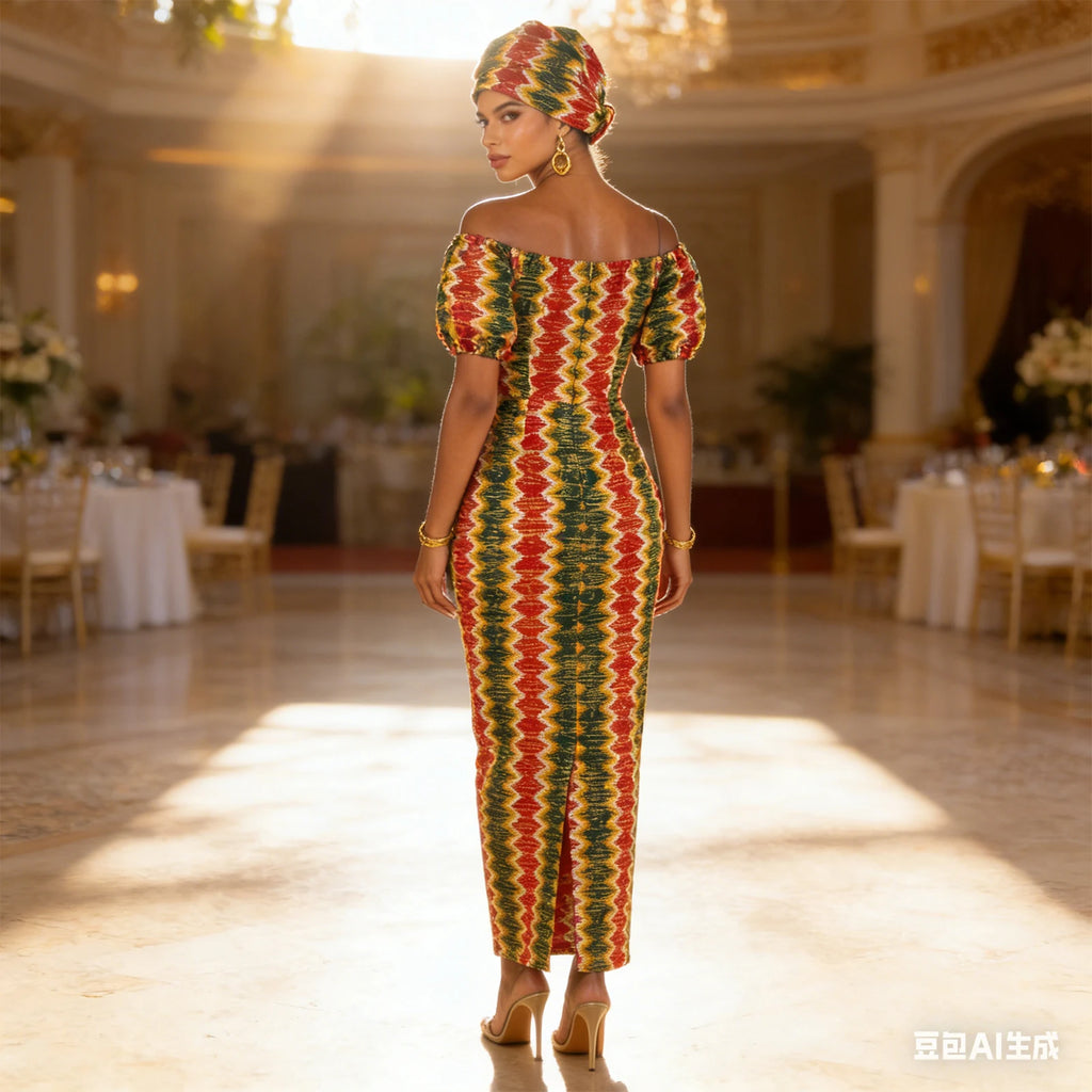 African Party Dresses for Women Off Shoulder Folds Women Maxi Dress with Headscarf and Earrings Traditional Wedding