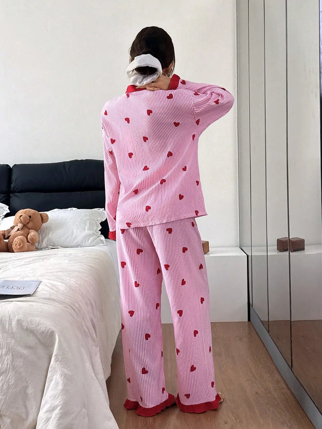 Women's Pink Striped Heart Print Pajama Set with Red Trim, Cozy Lounge Wear