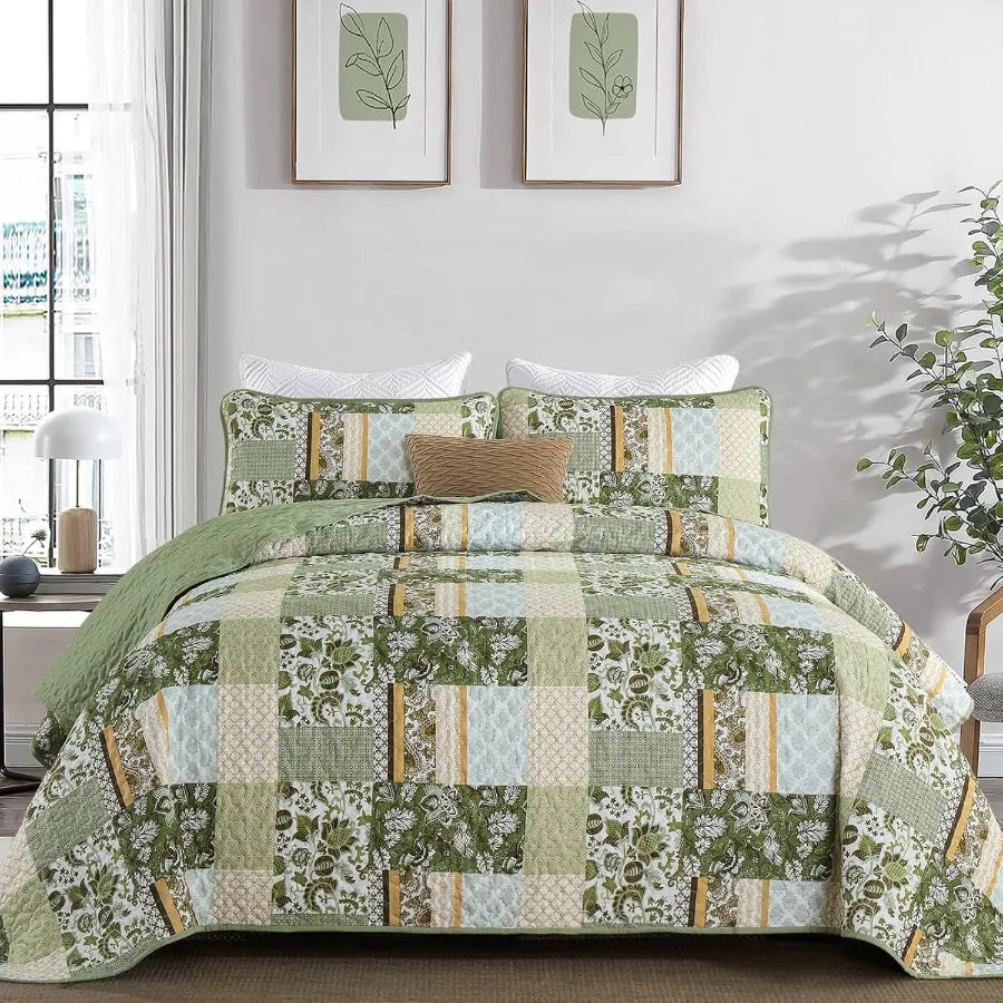 Quilt Set Queen Size Green 3 Pieces  Bedspread Coverlet  Floral Soft Microfiber Bedding Set for All Se