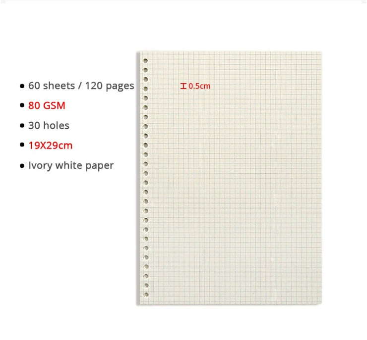 Binder Notebook Refillable Grid Lined Planner Journal Stationery Notepad