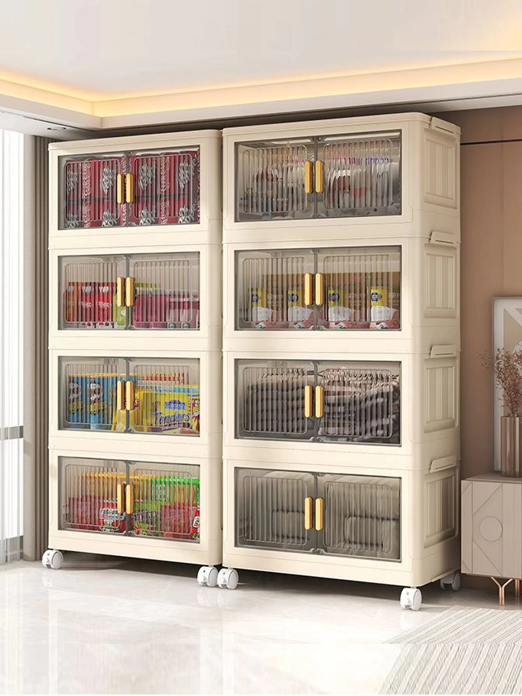 Extra-large 3/4/5-layer foldable plastic storage cabinet with doors, with wheels, stackable