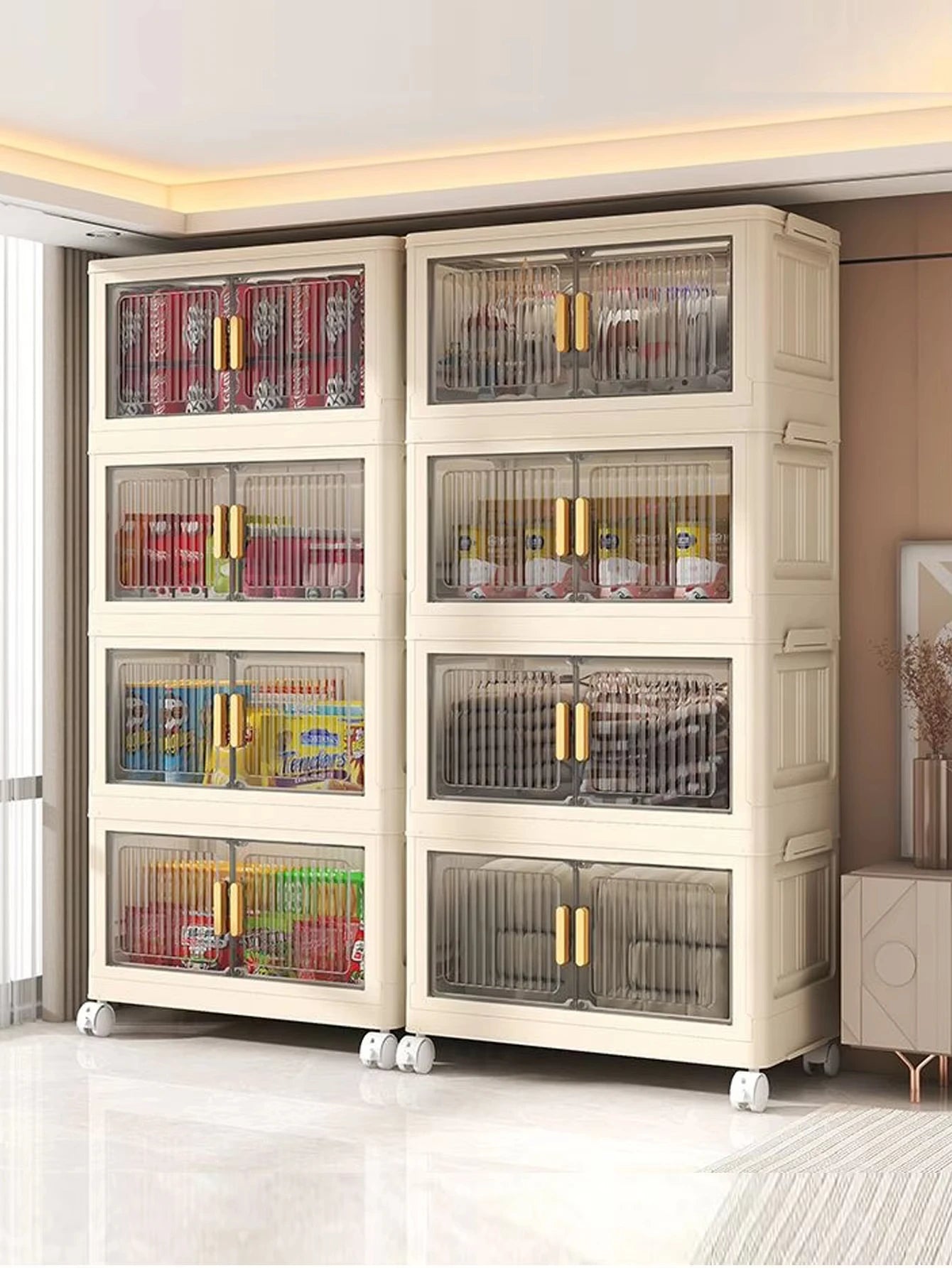 Extra-large 3/4/5-layer foldable plastic storage cabinet with doors, with wheels, stackable