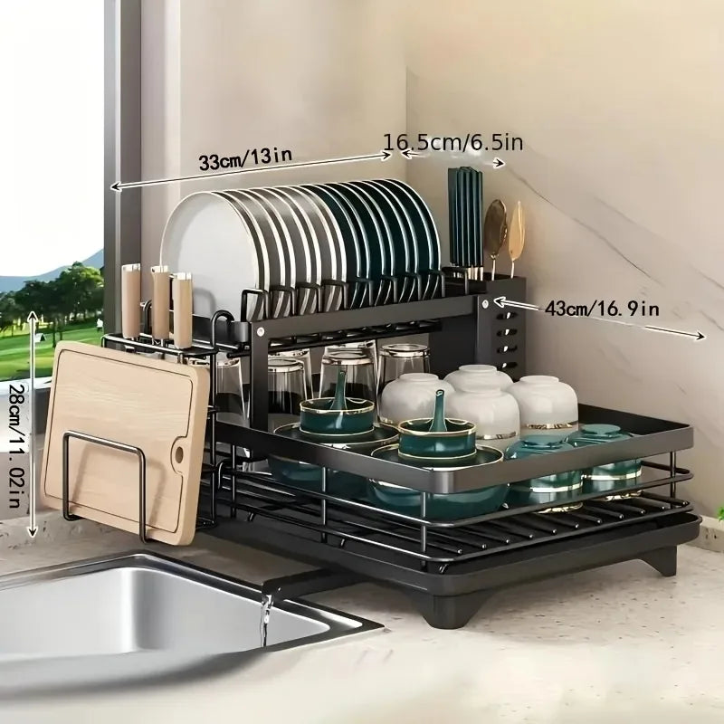 Double-Tier Extendable Dish, Utensil Rack & Draining Board for Kitchen Worktops