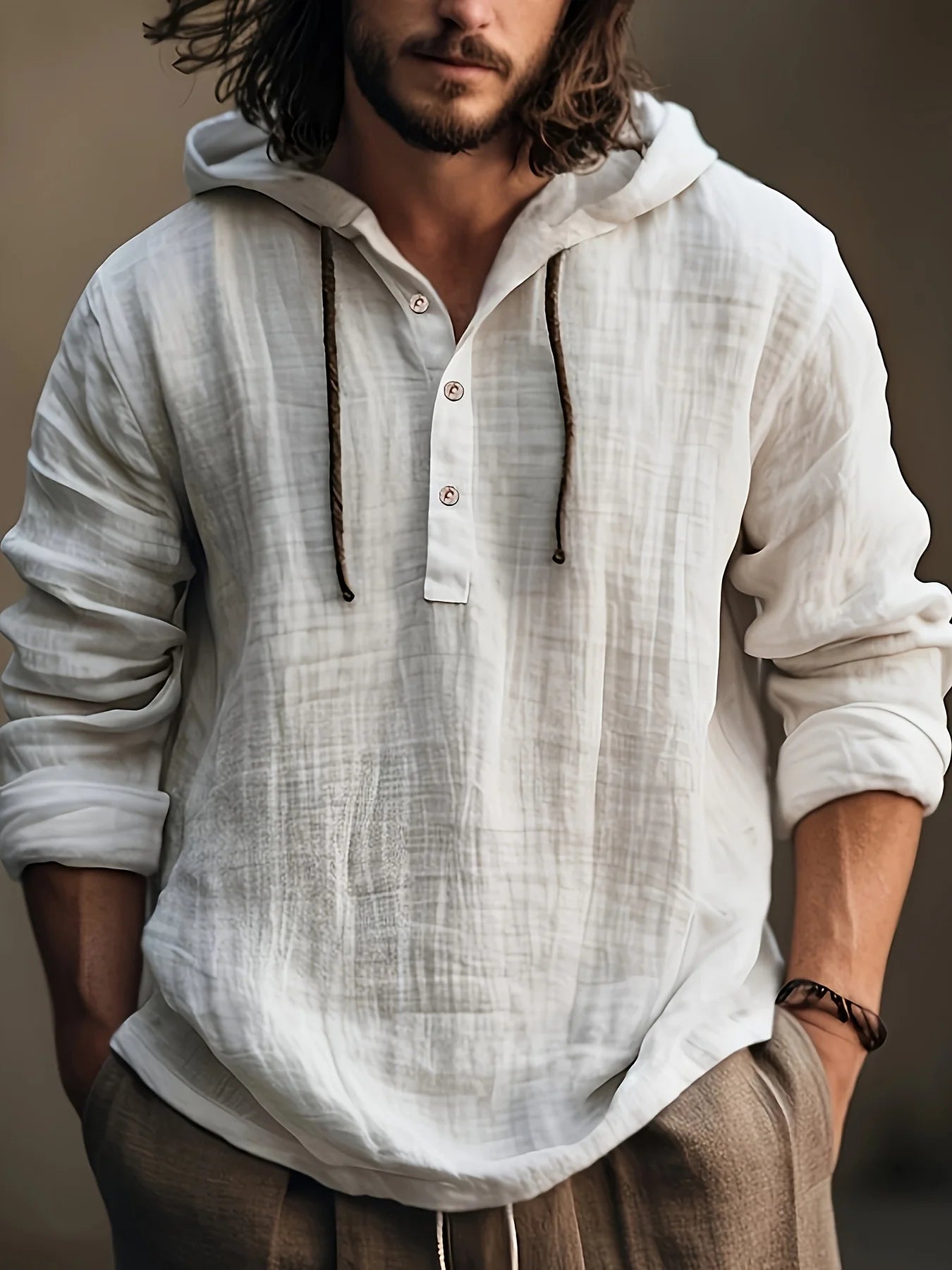 Men's spring and autumn cotton and linen shirt with hooded sweatshirt long sleeve casual wear