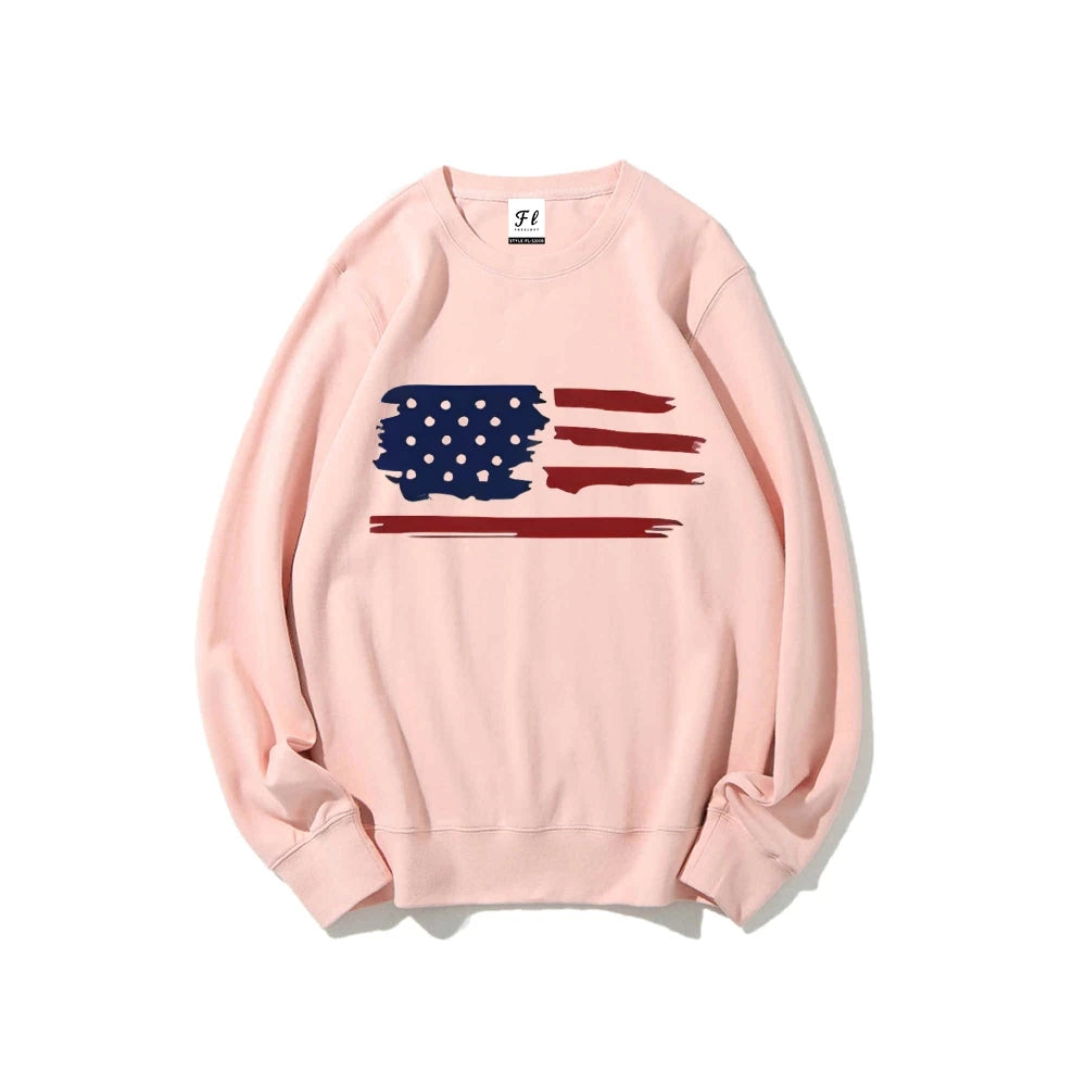 Brush Stroke Flag Sweatshirt Artistic Patriotic Print Casual Loose Long Sleeved