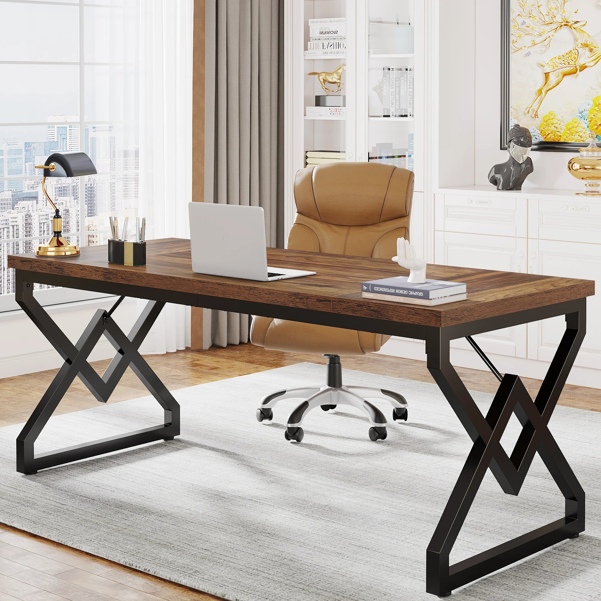 Tribesign 63" Large Industrial Executive Desk  Tabletop & Metal Frame, Heavy-Duty Home Office Desk