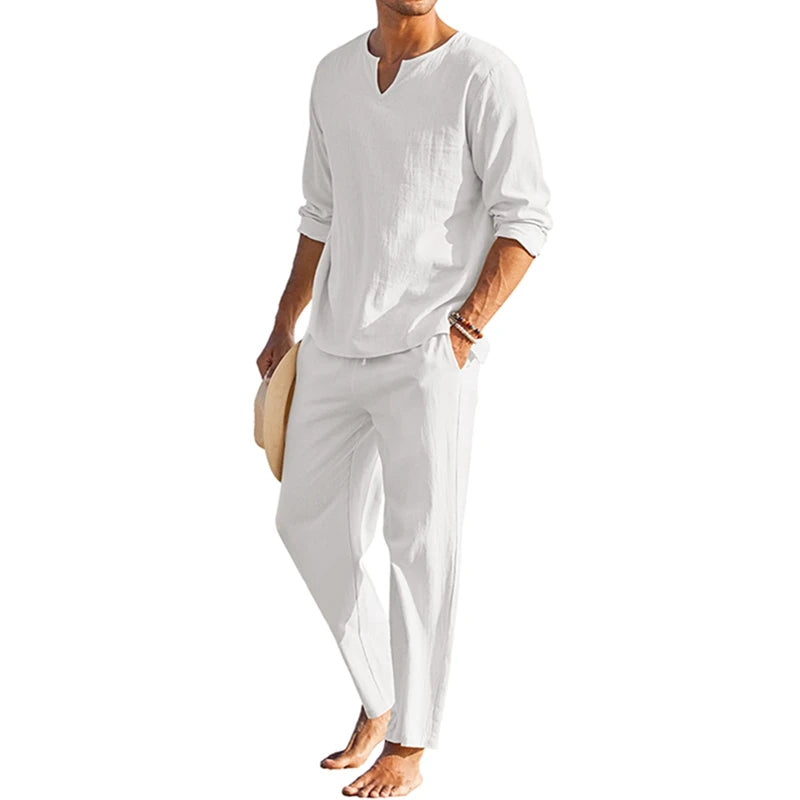 Men s Summer Cotton Linen   Long Sleeve Henley Shirt Elastic Waist Drawstring Pants 2 Pieces Loungewear Set