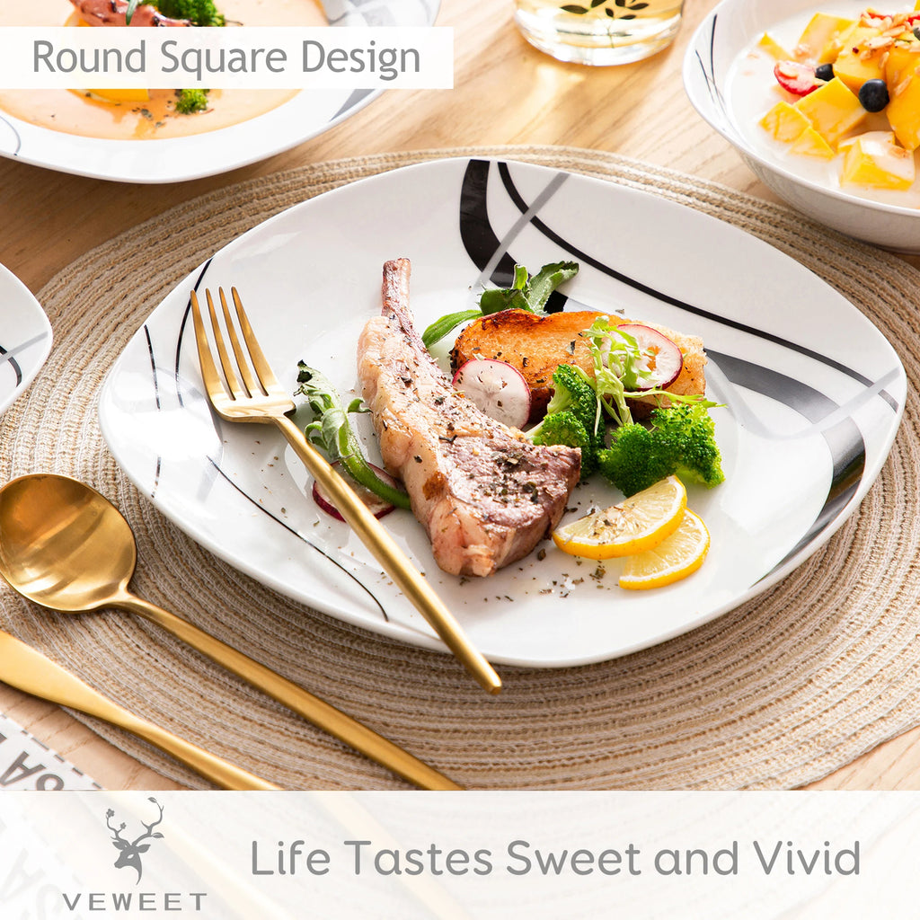 VEWEET FIONA 18-Piece Porcelain Ceramic Black Line Kitchen Tableware Dishes Plate Set