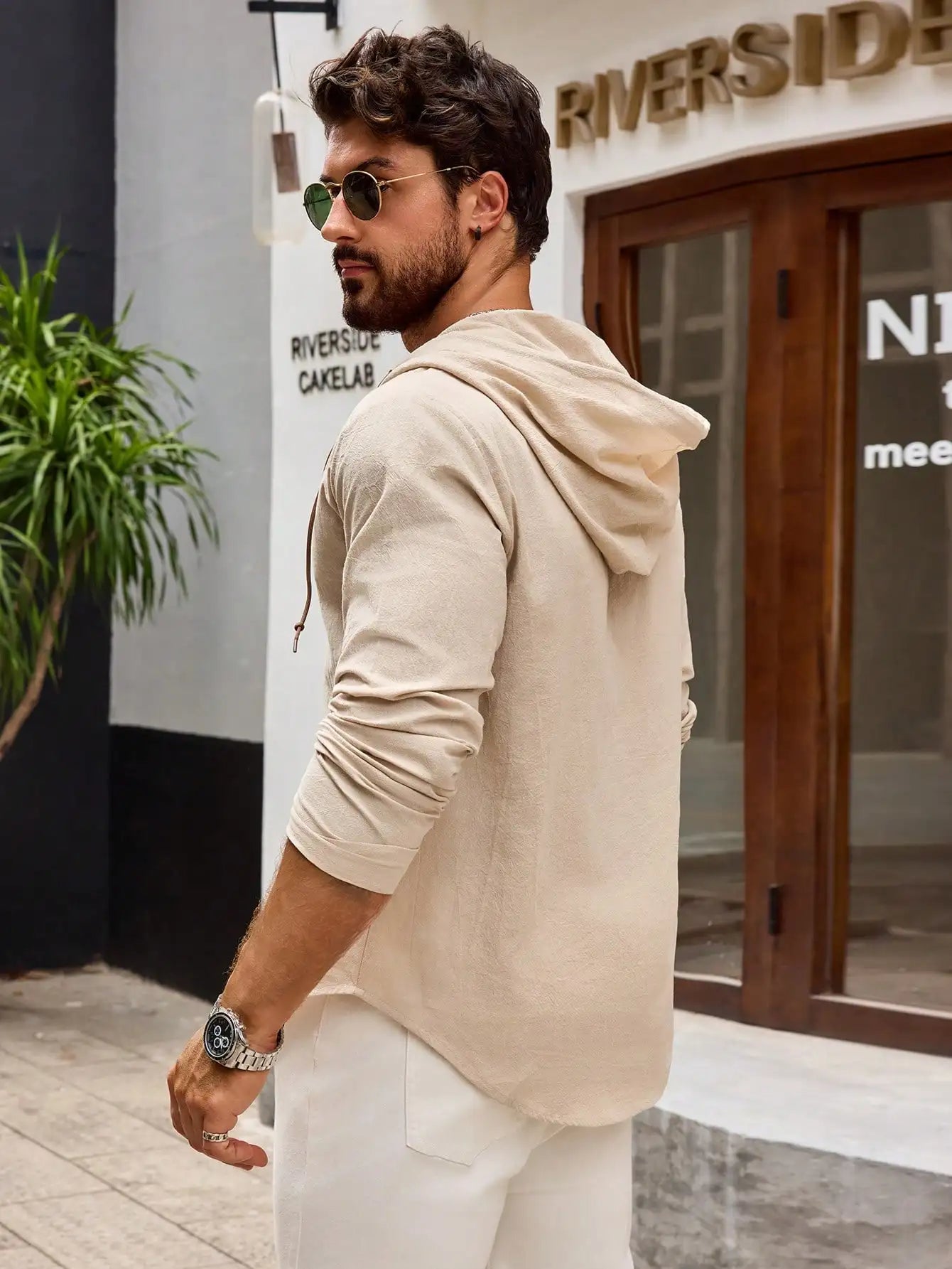 Men's Cotton Hooded Button-Up Shirt Long Sleeve Casual Lightweight Breathable Top