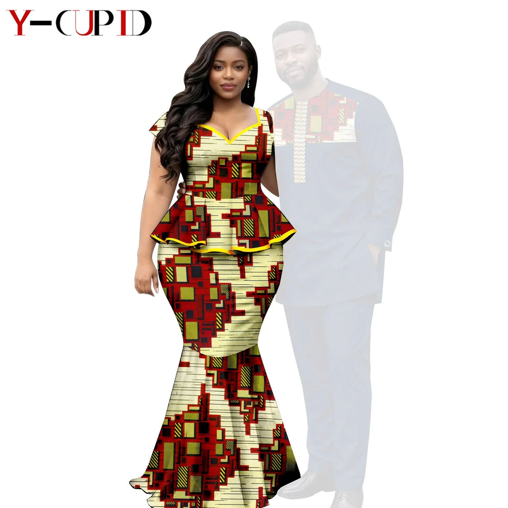 African  Women Print Top and Mermaid Skirts Sets Matching Men Outfits Top Shirt and Pant Sets